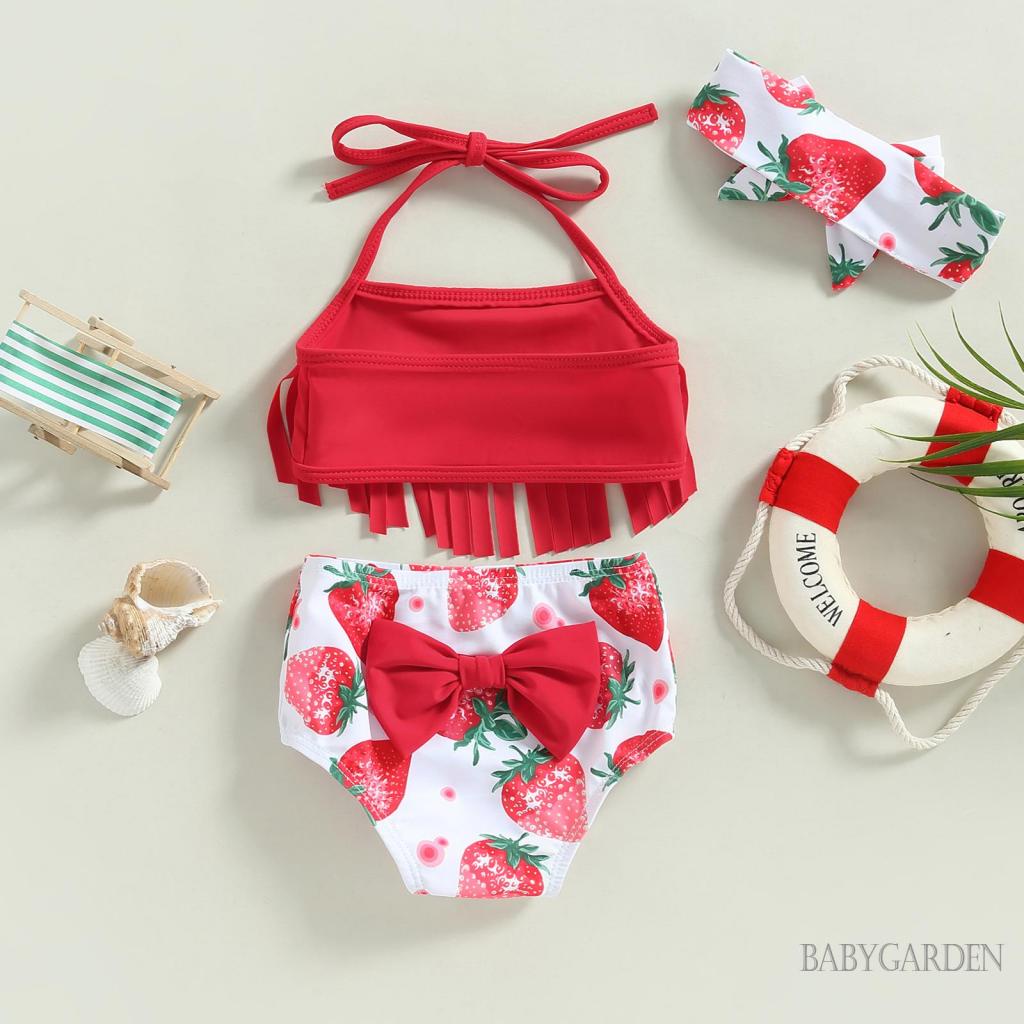 Bộ Đồ Bơi 3 Mảnh Áo + Quần Short In Hoa / Dâu Tây Màu Trơn Dành Cho Bé Gái 0-3 Tuổi