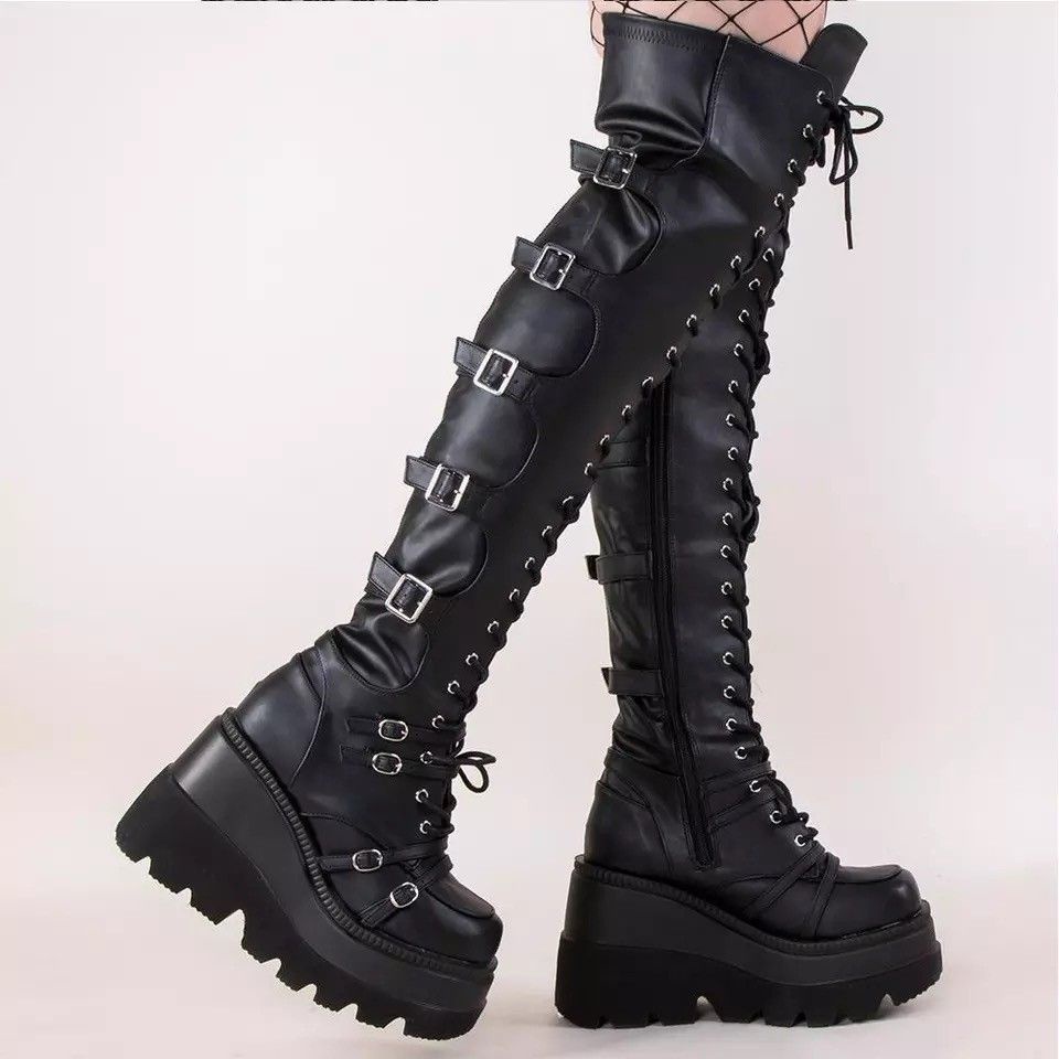 Demonia Giày Bốt Đế Xuồng Siêu Dài Qua-the-Knee Phong Cách Gothic Punk Hot