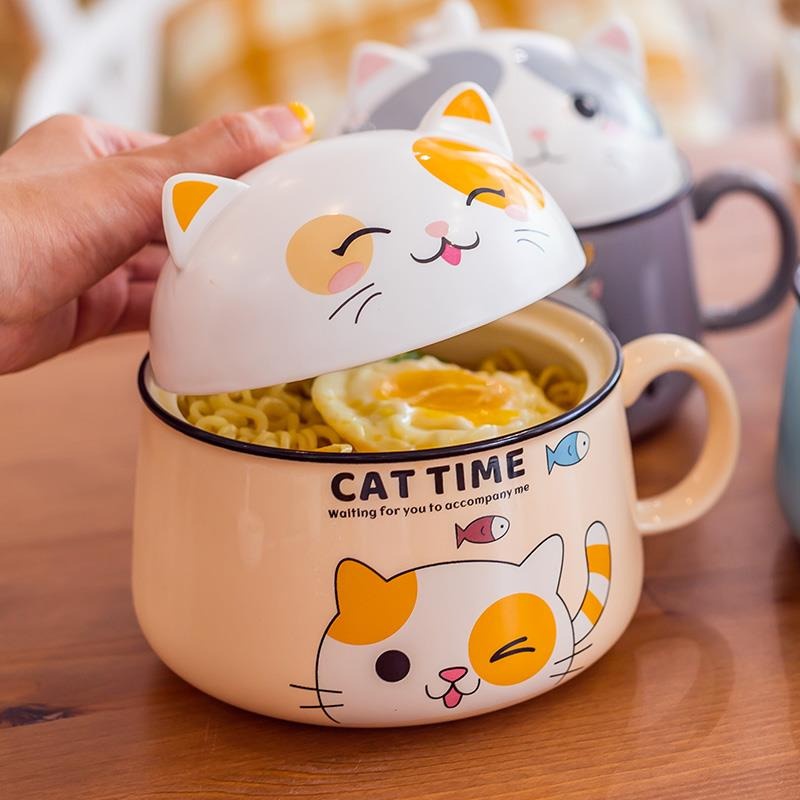 Tô Sứ Ăn Mì Hình Mèo Cute 1020ml Có Nắp Và Tay Cầm - Bát Mèo Cat Time Dễ Thương Phong Cách Nhật Decor Bếp Quà Tặng