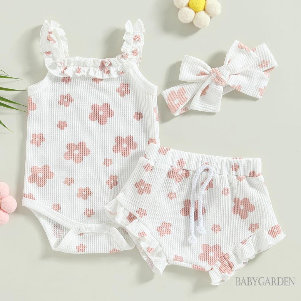 Bộ Áo Liền Quần Hai Dây + Quần Short + Băng Đô In Hoa Xinh Xắn Cho Bé Gái Từ 0-18 Tháng Tuổi