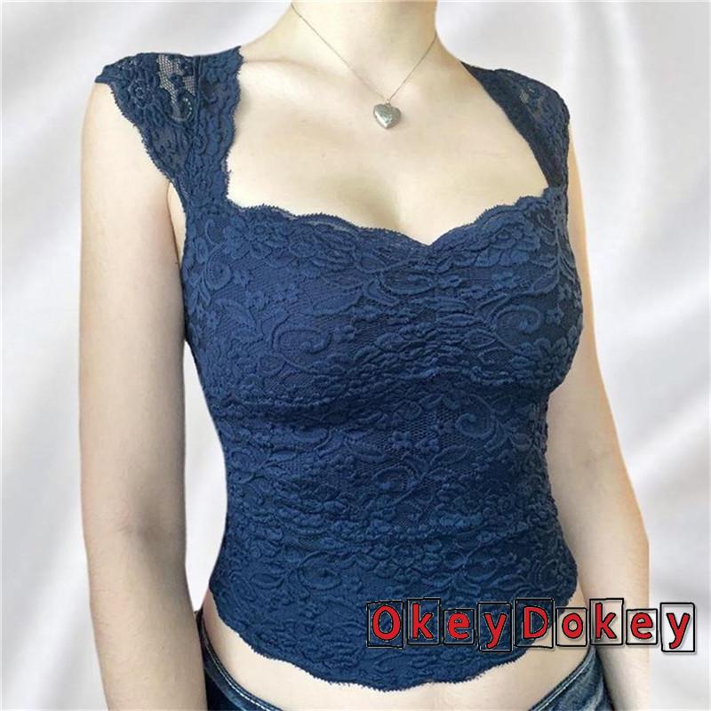Áo Tank Top Mini Phối Ren Xuyên Thấu Phong Cách Vintage Thanh Lịch Cho Nữ