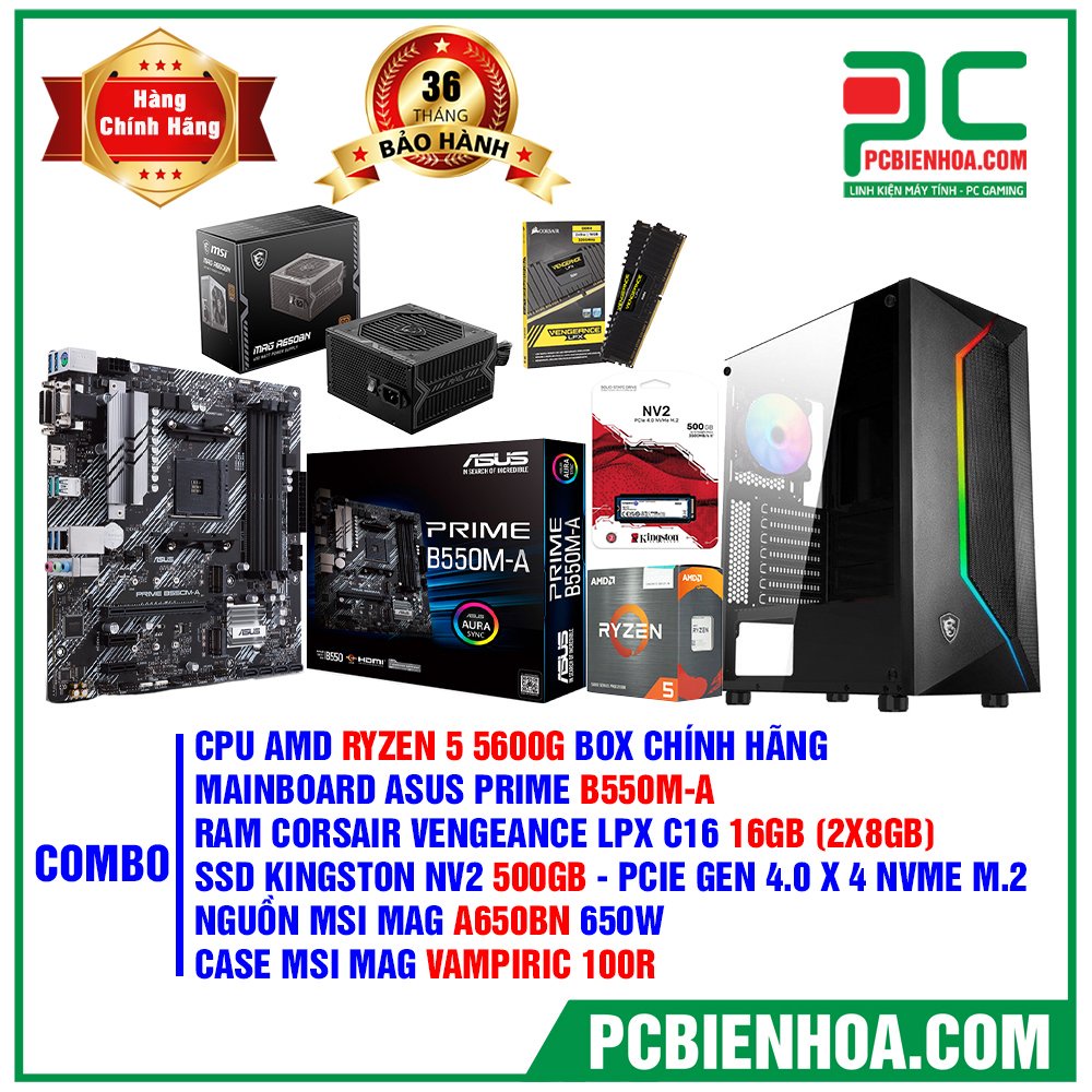 Thùng máy tính AMD RYZEN 5 5600G B550M 16G 500G 650W - 36 tháng chính ...