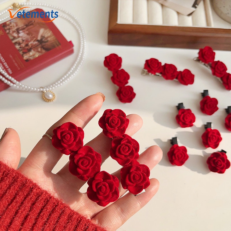 Set Kẹp Tóc Mỏ Vịt Đính Hoa Hồng Nhung Đỏ Xinh Xắn Đáng Yêu Phụ Kiện Tóc Empoli
