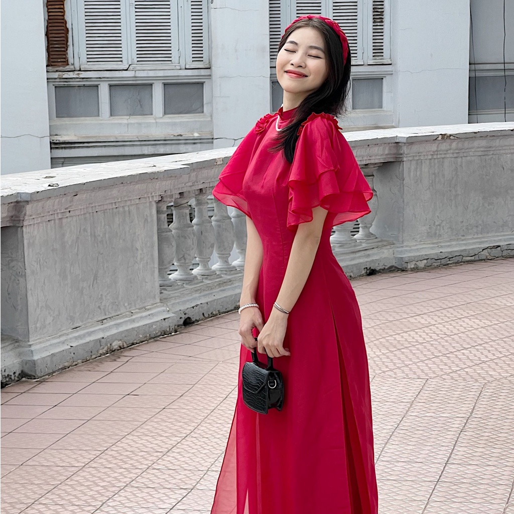 Áo dài thiết kế đỏ Hồng Ngọc tơ tay loe 4 tà hiện đại kèm quần Callene (CC300)