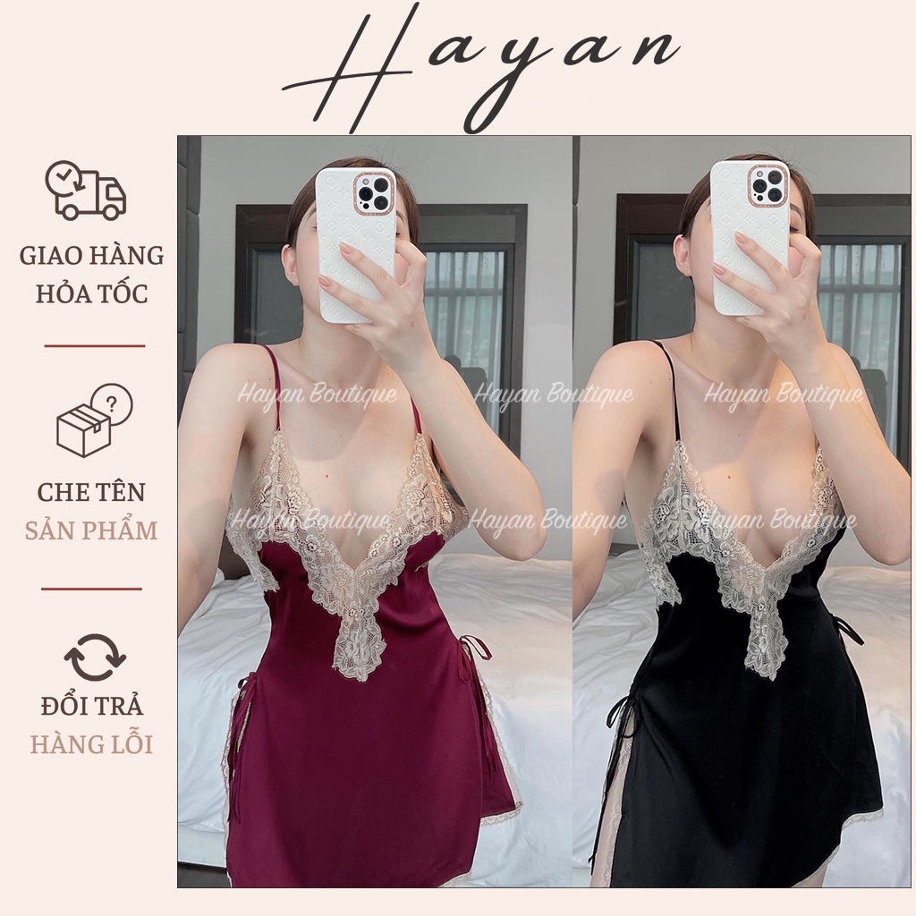 HT64 Váy ngủ sexy viền hoa ren xẻ ngực tặng CHÍP, váy ngủ lụa mặc nhà xẻ hông gợi cảm HT64