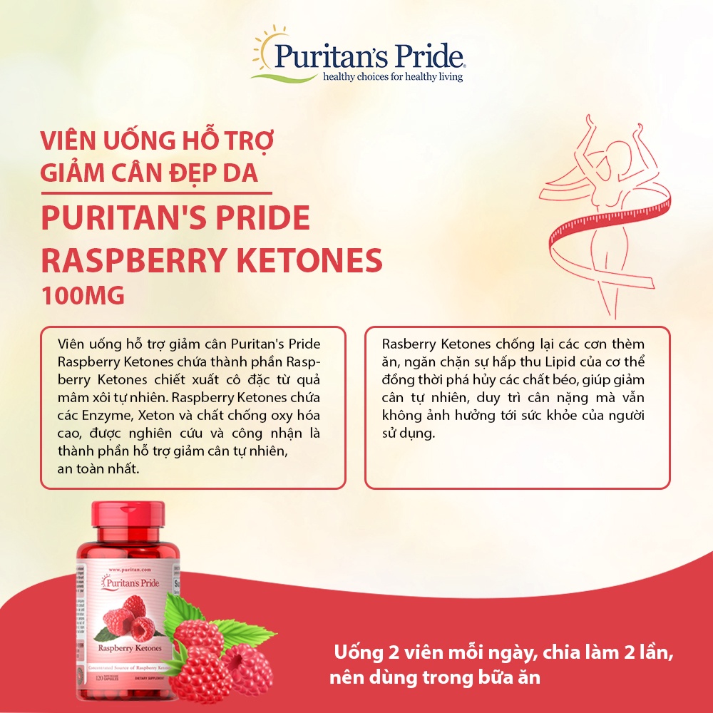 Hỗ trợ giảm cân đẹp dáng, giảm lượng cholesterol trong máu Raspberry Ketones 100mg 120 viên Puritan’s Pride của Mỹ