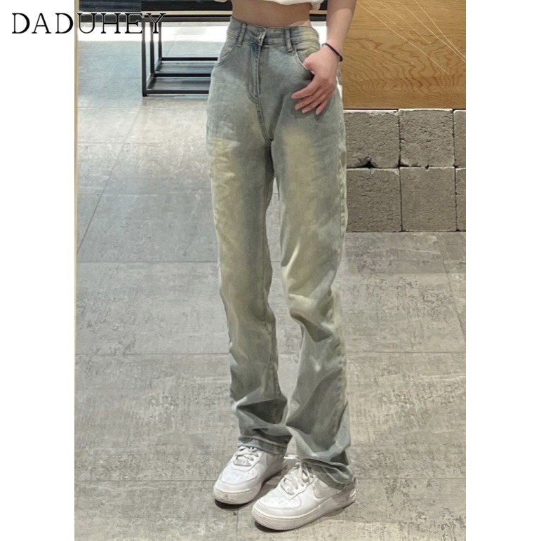 Ảnh DaDuHey New American Style Ins Washed Retro High Street Yellow Mud Jeans High Waist Slim Straight Pants 3