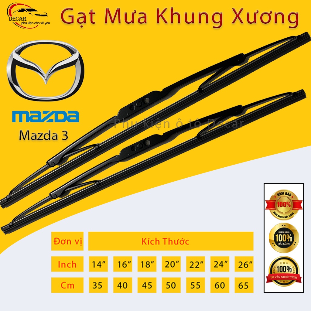 [MAZDA 3] Cần gạt mưa khung xương lưỡi silicon, thanh gạt nước kính xe oto 4,5 chỗ Mazda3