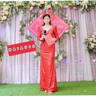 Đầm dạ hội kim sa cổ đính hạt tay dài nhún eo cao cấp TẶNG KÈM HOA TAI THỜI TRANG