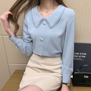 Áo Sơ Mi Chiffon Tay Dài Cổ Búp Bê Phối Ren Thời Trang Dành Cho Nữ