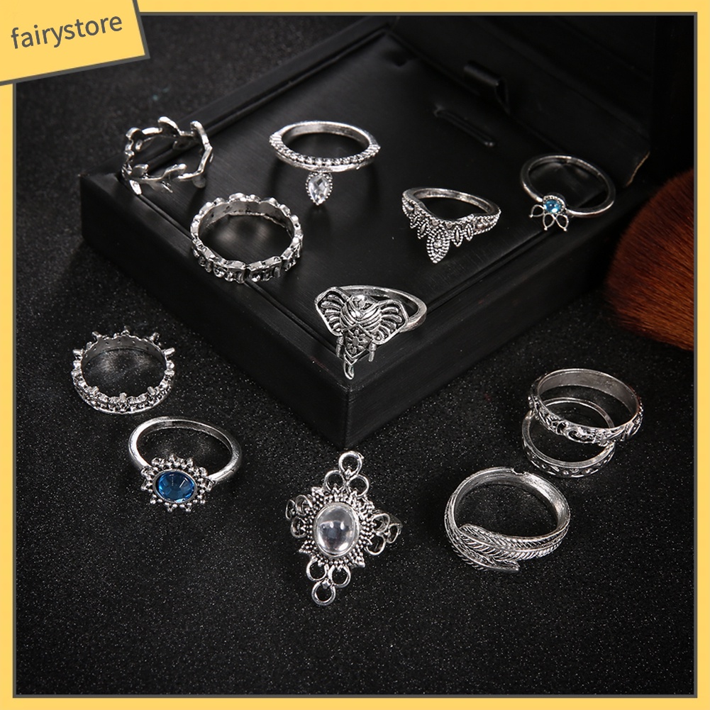 Set 12 Nhẫn Đeo Khớp Ngón Tay Đính Đá Phong Cách Boho Cổ Điển Dành Cho Nữ [Fairy1]