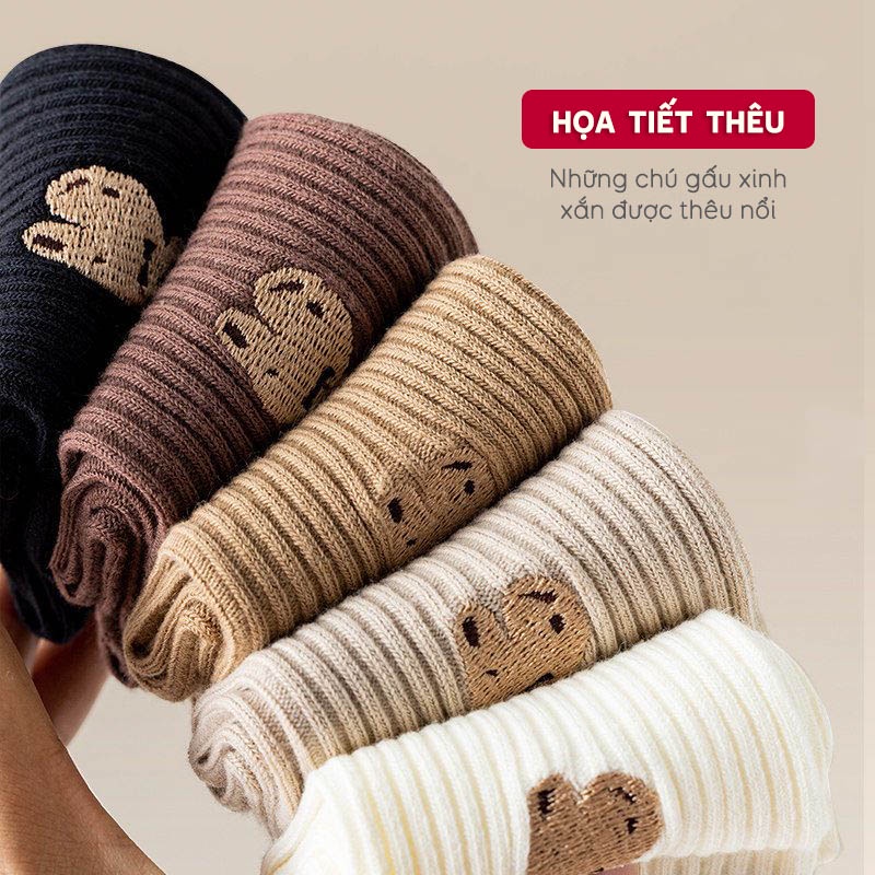 Tất cổ cao màu trắng nữ họa tiết gấu dễ thương, vớ nữ chất liệu cotton thoáng khí co giãn 4 chiều - Ekiu Shop