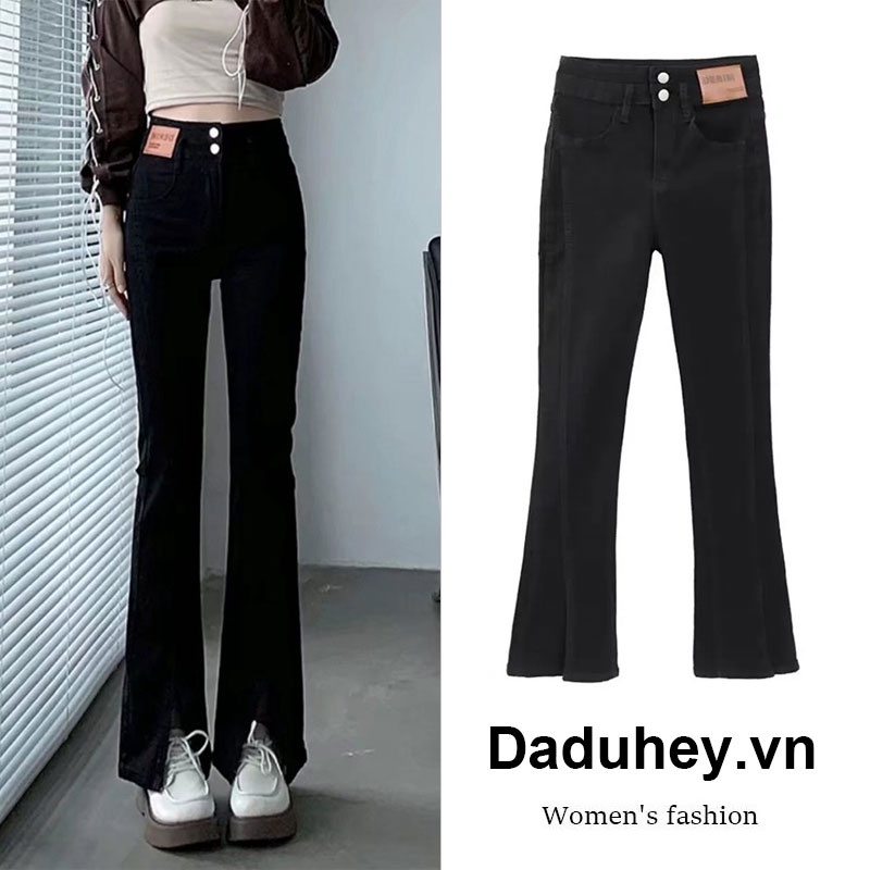 Quần jeans daduhey lưng cao ống loe rộng xẻ tà phong cách Hàn Quốc thời trang cỡ lớn dành cho nữ