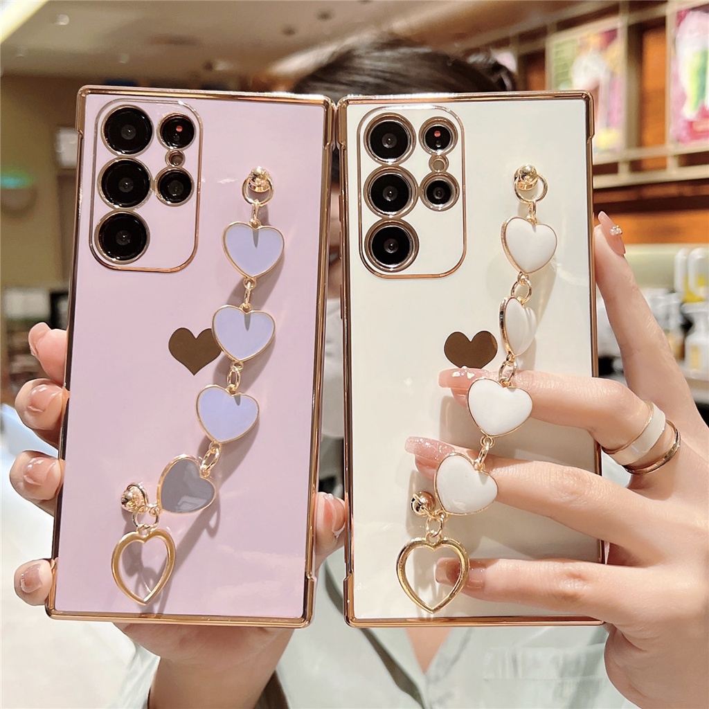 Ốp Lưng Cho Samsung Galaxy A55 A35 A15 A14 A13 A54 A34 5G A53 A52 A24 A25 A23 Mạ Silicon Trái Tim Tình Yêu Hoa Văn Bên Vòng Tay Vỏ Mềm