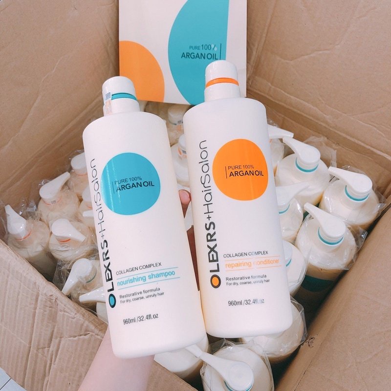 Cặp dầu gội xả Olexrs Hair Salon Argan Oil Collagen Kích thích mọc tóc, phục hồi tóc hư tổn 500 & 960ml - PhuongAnHouse