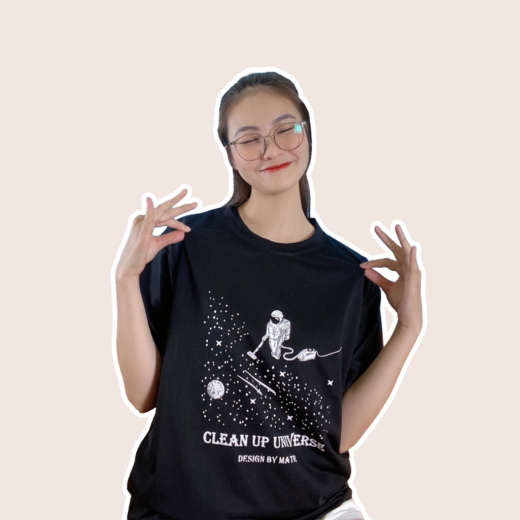 Áo thun đen in hình Clean Up Universe co dãn thấm hút mồ hôi size 40-100kg form rộng Basetee Unisex