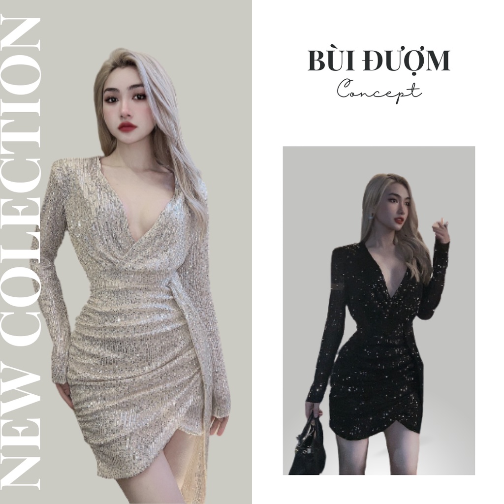 Đầm Kim Sa Phối Tà Sang Chảnh Bùi Đượm Concept, Váy BoDy Bling Dáng Ngắn Khoét Ngực Sexy Tay Dài BĐ112