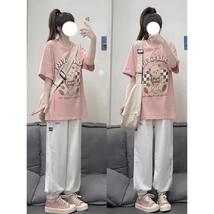 Set bộ áo thun mix quần bo chun - gấu hồng