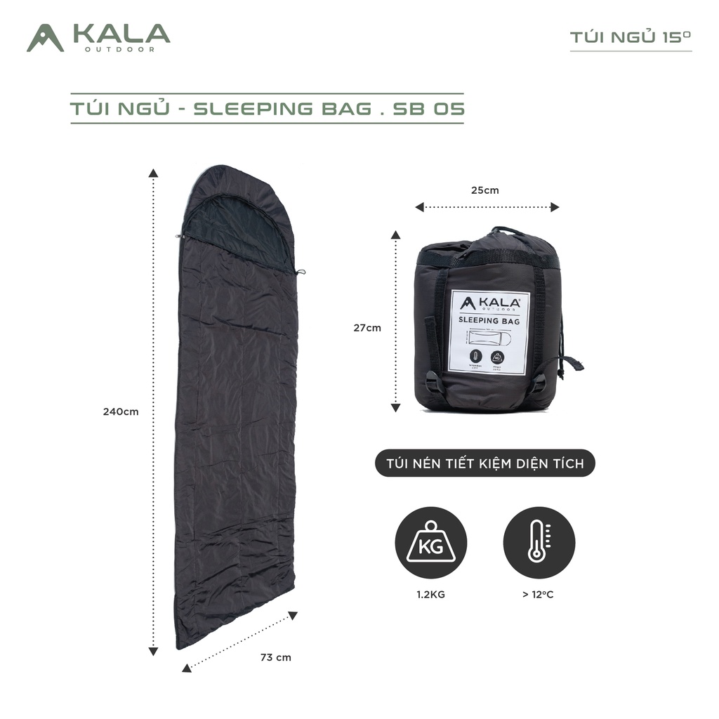 Túi ngủ Kala cao cấp nhiệt độ thấp 12-15 độ giữ ấm du lịch phượt/ cắm trại