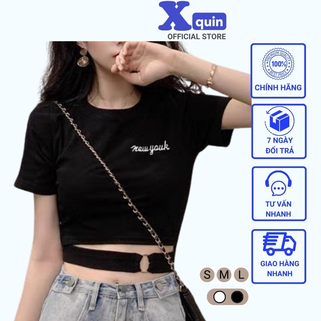 Áo Croptop Nữ Cổ Tròn Ngắn Tay Khoét Eo Phối Khuyên Xquin, Áo Kiểu Nữ Ôm  Body Hở Eo Tôn Dáng | Shopee Việt Nam