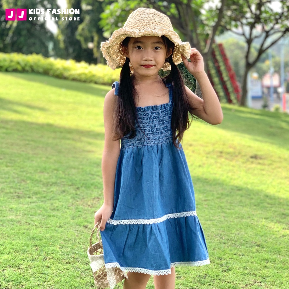 Váy mùa hè cho bé gái JJ Kids, thiết kế 2 dây chất liệu Jean giấy cho trẻ 2,3,4,5,6,7,8,9 tuổi