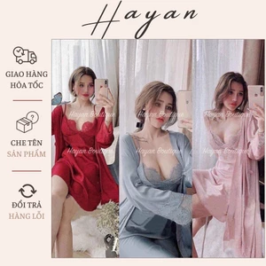 HT815 Set váy ngủ và áo choàng sexy phối ren gợi cảm kèm ĐỆM LÓT dáng suông HT815 MÚT
