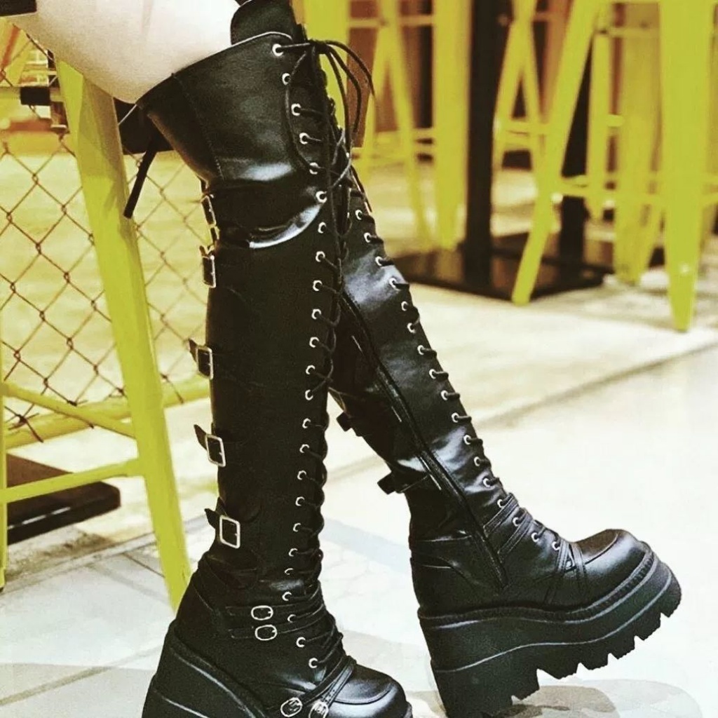 Demonia Giày Bốt Đế Xuồng Siêu Dài Qua-the-Knee Phong Cách Gothic Punk Hot