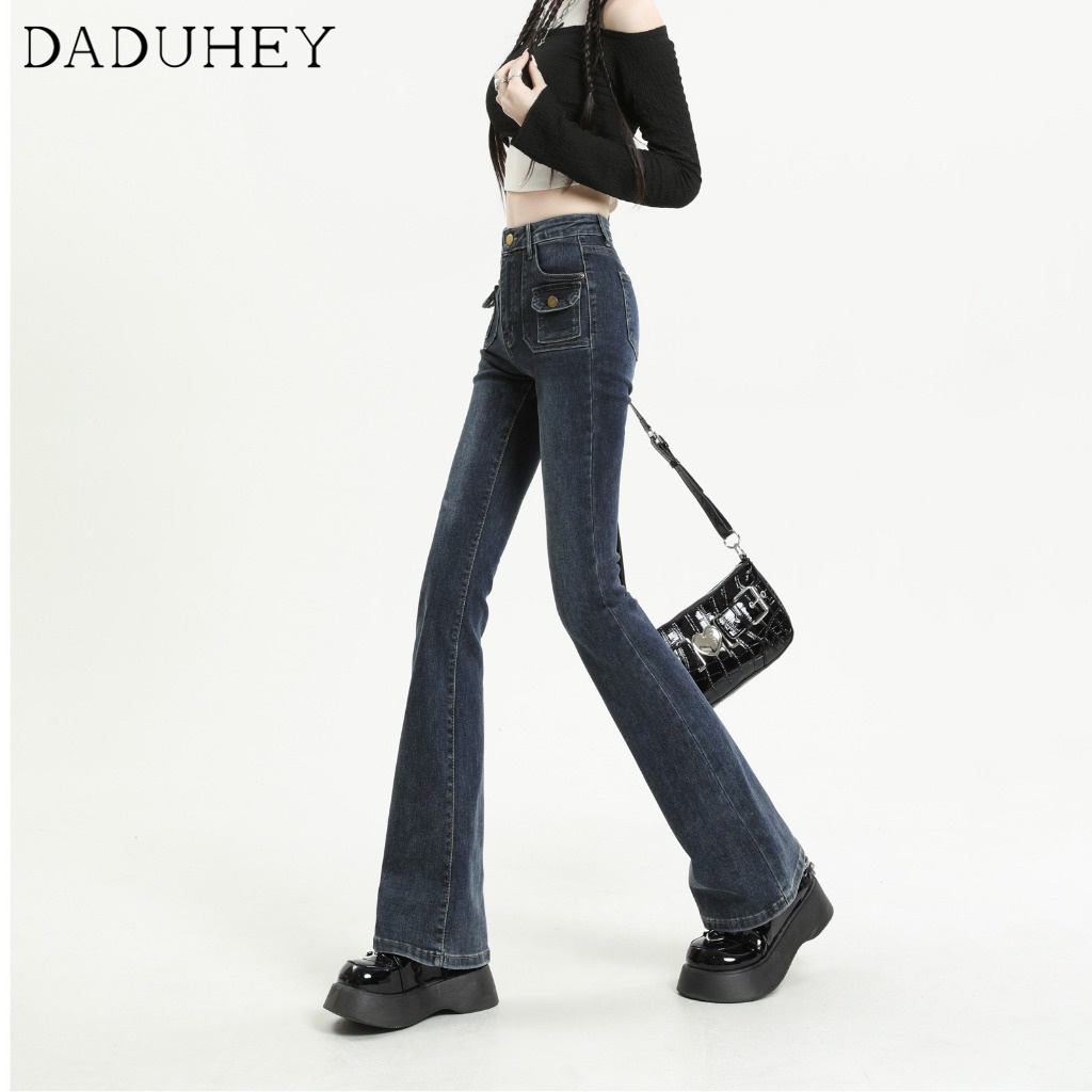 Ảnh Quần jean DADUHEY giặt sờn lưng cao ống loe phong cách Hàn Quốc retro thời trang mới dành cho nữ 3