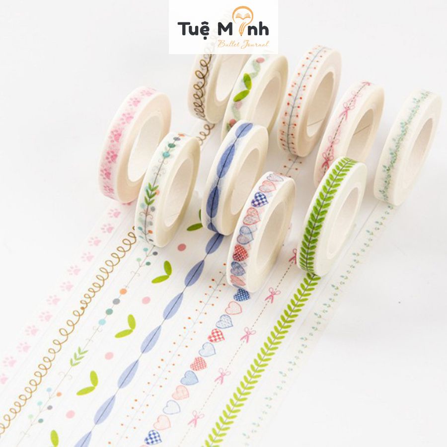 Băng dính Washi tape 7mm x 10m cuộn sticker dán viền trang trí sổ ...