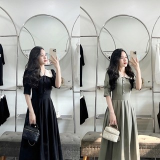 [V125] Váy Thiết Kế Cổ Nhọn Pha Cúc Bọc Xếp Ly Eo 4 Màu Dáng Xoè Có Ảnh Thật