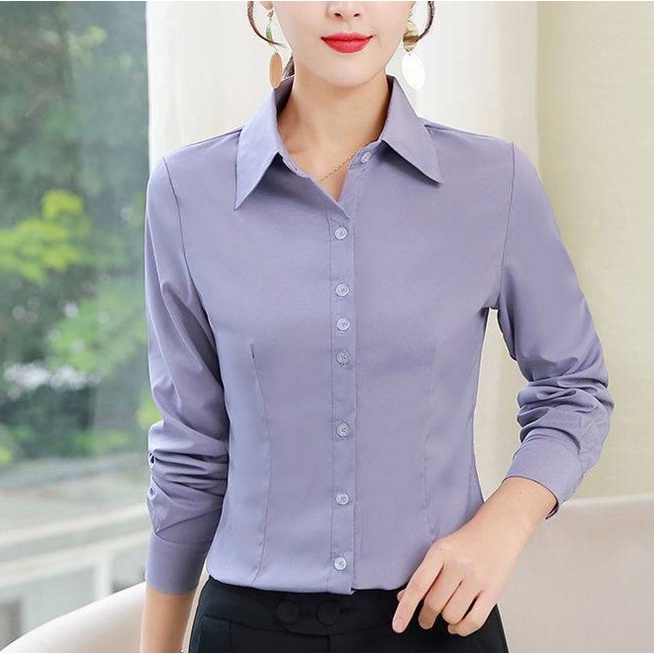 Màu đen 8 màu s-xxl Slim màu tím Áo sơ mi bảo vệ với nhiều nút hơn cho sự riêng tư Nữ dài tay mặc công sở Quần áo công sở Áo sơ mi cỡ nhỏ trang trọng