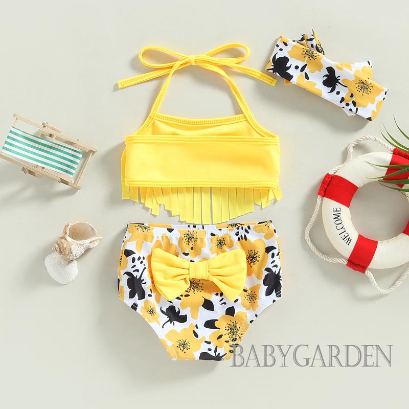 Bộ Đồ Bơi 3 Mảnh Áo + Quần Short In Hoa / Dâu Tây Màu Trơn Dành Cho Bé Gái 0-3 Tuổi