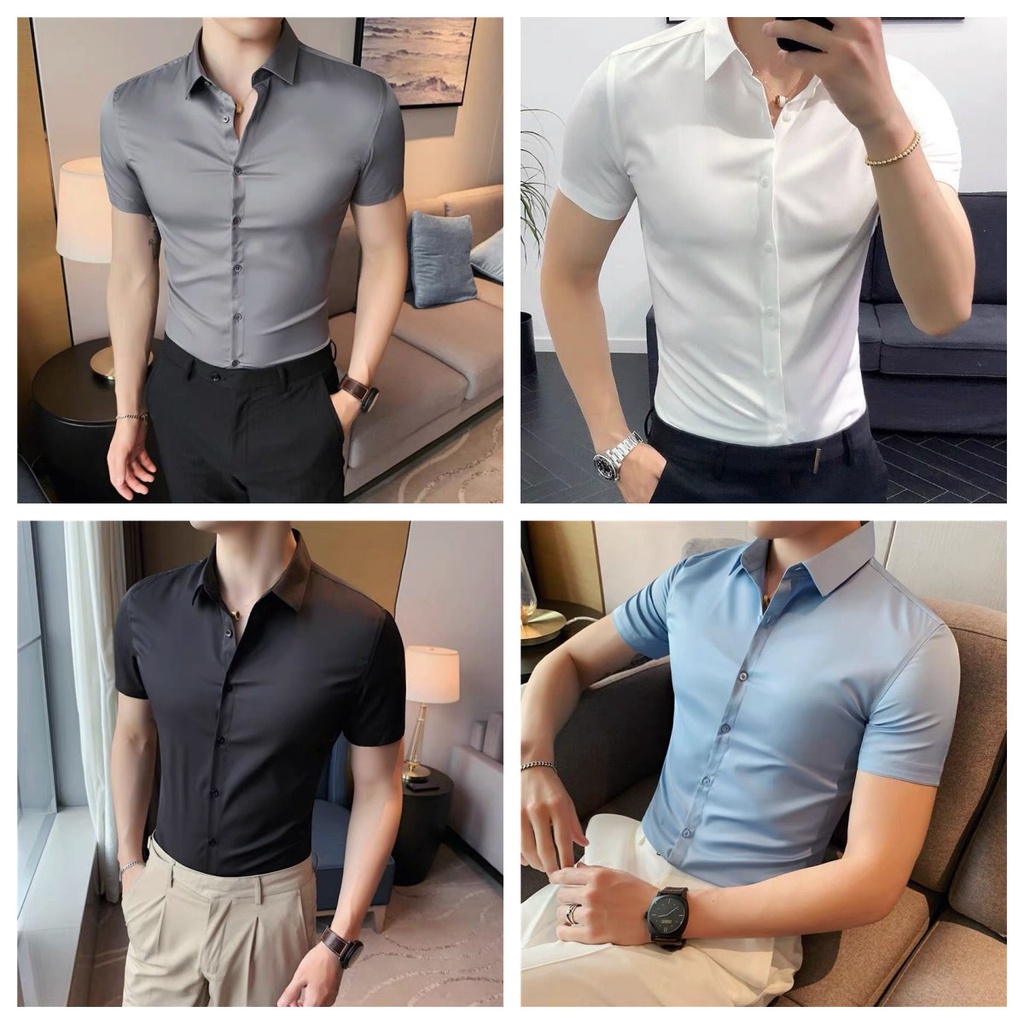 Áo Sơ Mi Tay Ngắn Dáng Ôm Phong Cách Hàn Quốc Thời Trang Công Sở Cho Nam Giới