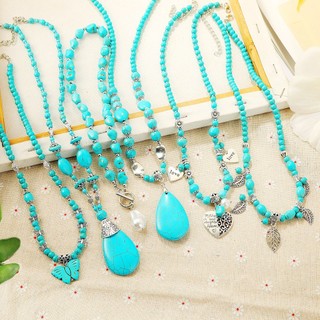 Vòng cổ Mặt Đá Ngọc Lam Tự Nhiên Phong Cách Bohemian Dành Cho Nữ A003