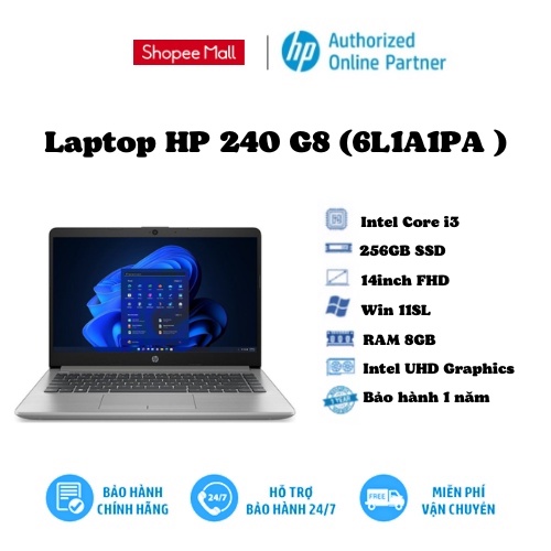 [Mã ELHP12 giảm 12% đơn 10TR] Laptop HP 240 G8 (6L1A1PA )/ Bạc/Intel Core i3-1115G4(upto 4.1Ghz, 6MB)/RAM 8GB/256GB SSD