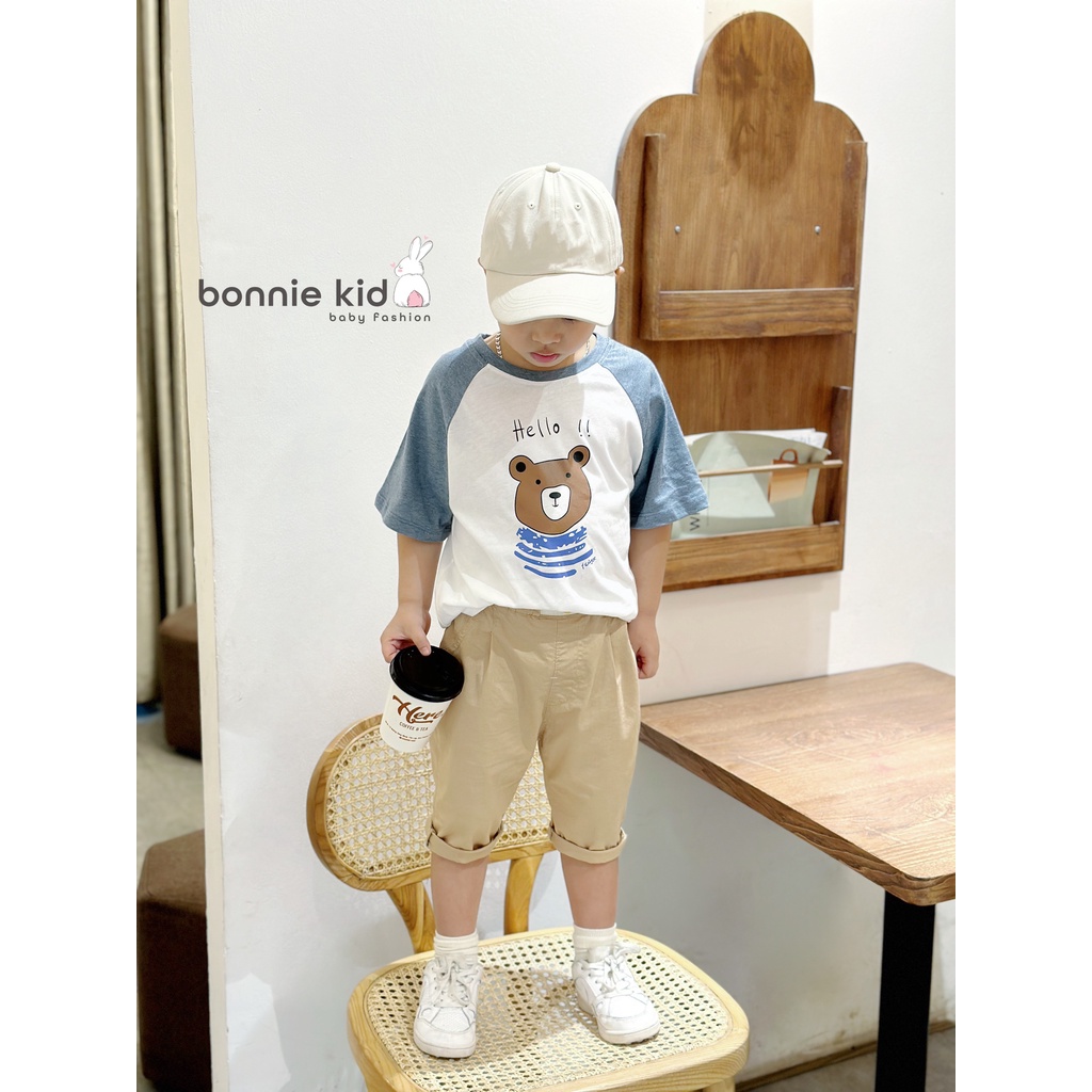 Áo phông bé trai tay phối hoạ tiết gấu, áo thun cotton cộc tay mềm mát cho bé