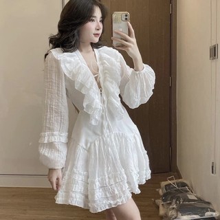 [V108] Váy Tơ Nhăn Cổ V Đan Dây Dáng Xoè Tiểu Thư 2 Màu Hàng 2 Lớp Có Ảnh Thật