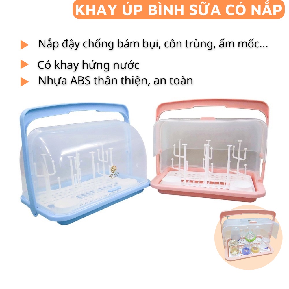 Khay úp bình sữa cho bé - Khay úp cốc ly có quai xách và nắp đậy chống bụi