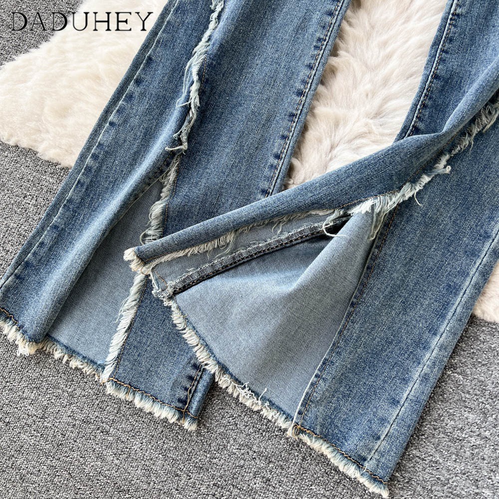 Ảnh DaDuHey New Korean Version of Ulzzang Strappy Jeans High Waist Slim-fit Trousers Raw Edge Slit Pants 3