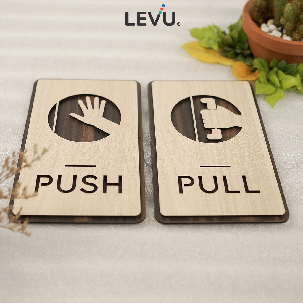 Bộ 2 bảng gỗ Pull Push dán cửa ra vào trang trí hiện đại LEVU-TP13