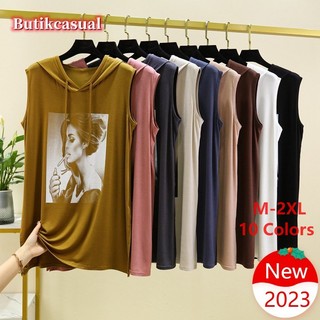 Áo thun nữ có mũ trùm đầu cotton mùa xuân hè Áo không tay in hình dáng rộng giản dị mỏng cỡ lớn