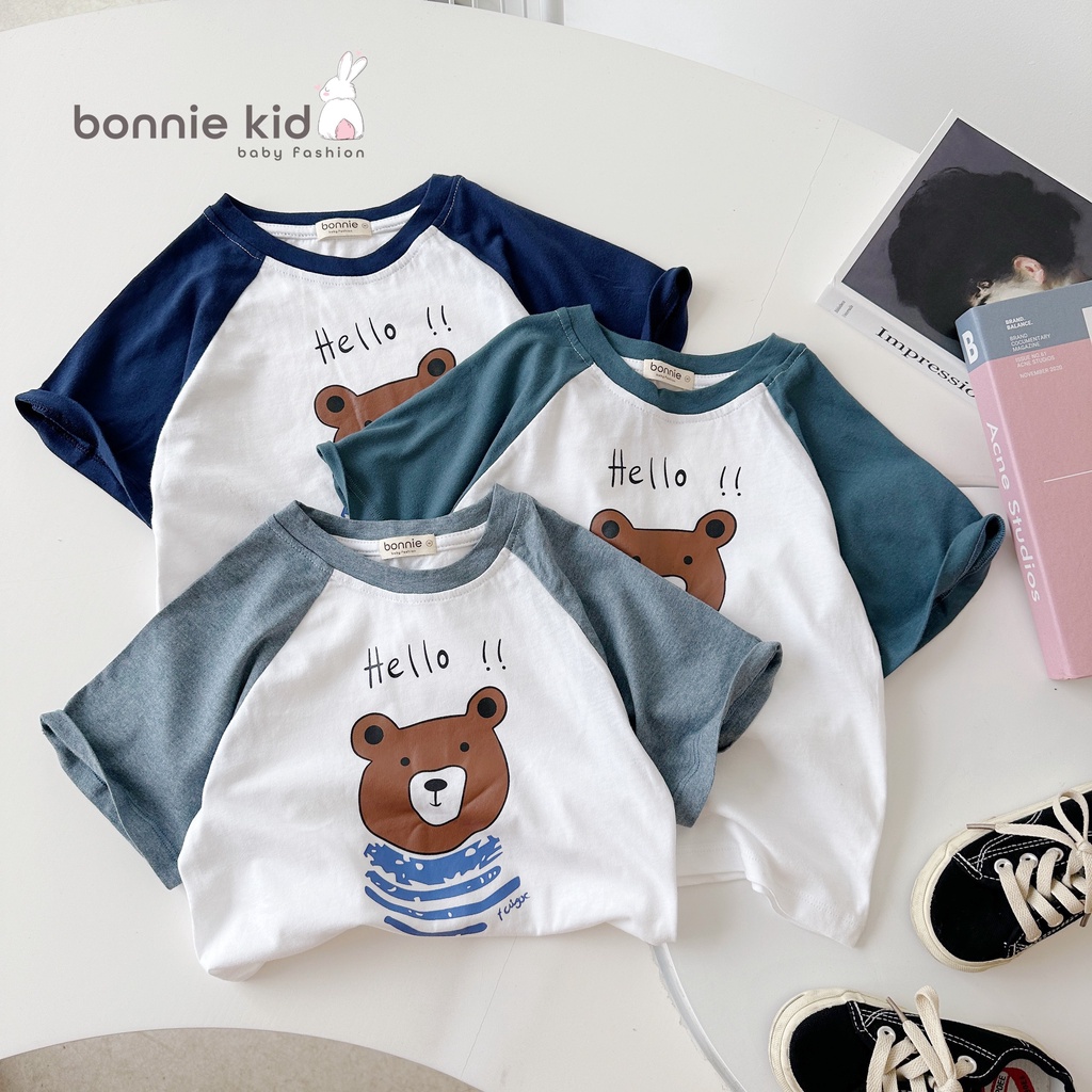 Áo phông bé trai tay phối hoạ tiết gấu, áo thun cotton cộc tay mềm mát cho bé