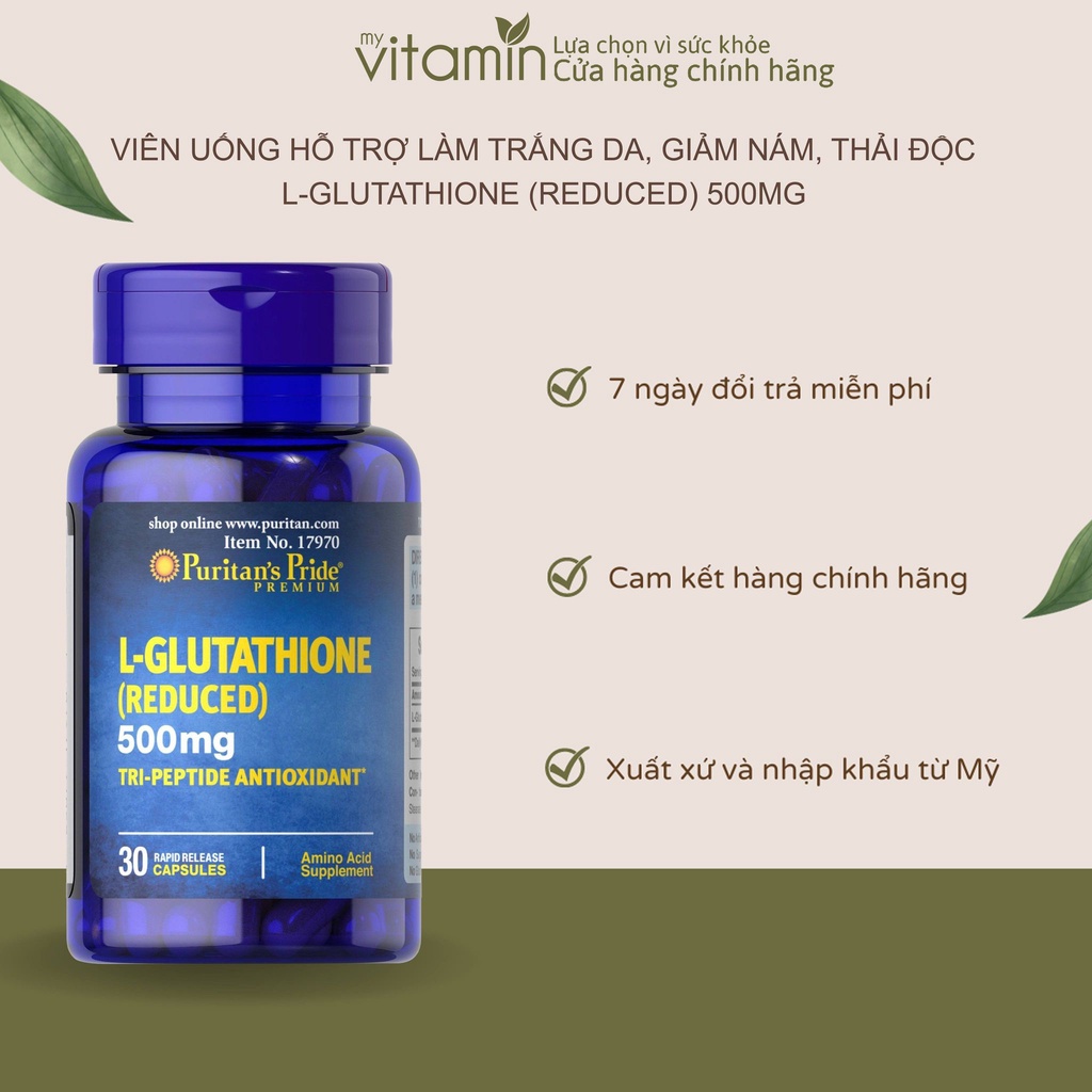 Viên Uống L Glutathione Reduced 500mg Puritans Pride Hộp 30viên Giúp