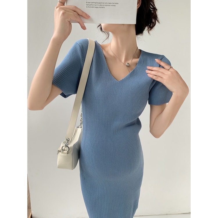 Đầm Dệt Kim Tay Ngắn Cổ Chữ V Dáng Ôm Thời Trang Hàn Quốc Cho Mẹ Bầu
