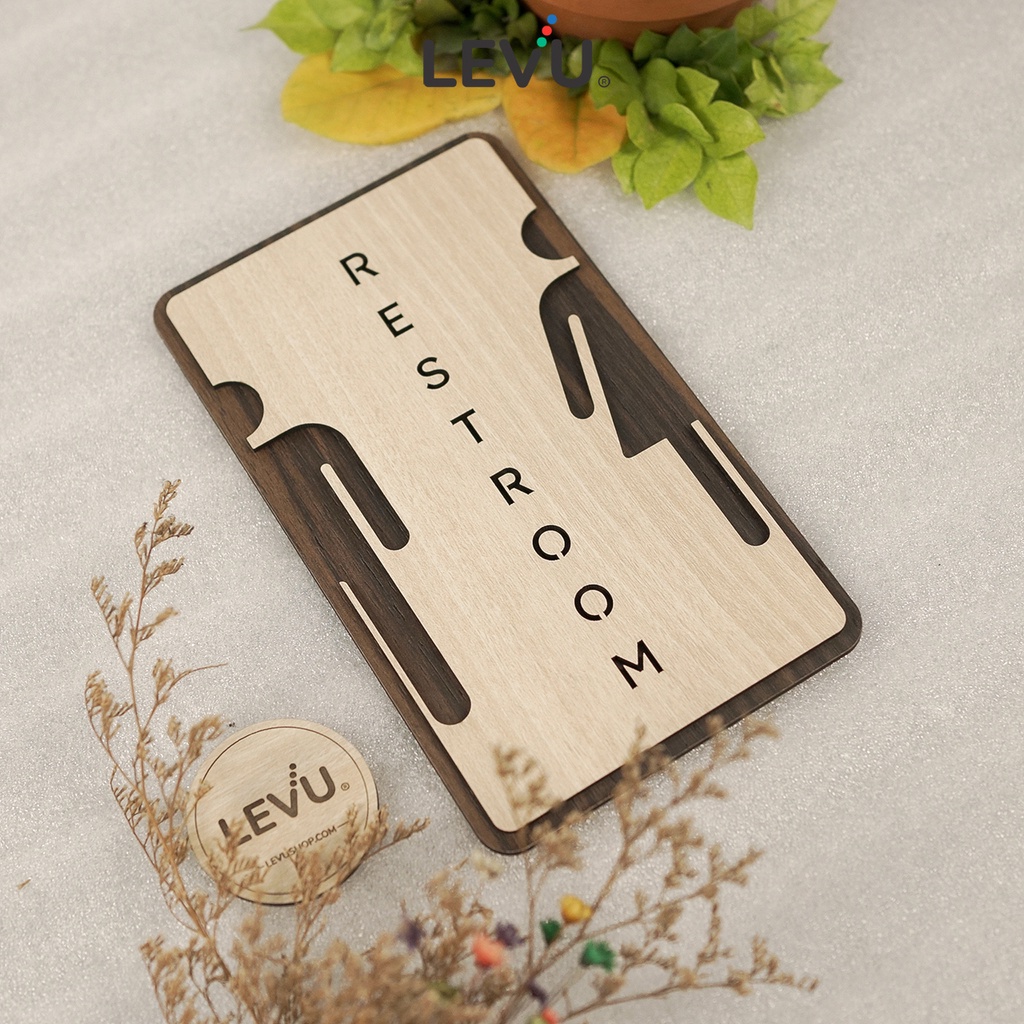 Bảng hiệu gỗ Restroom nghệ thuật dán cửa phòng vệ sinh LEVU-TL36