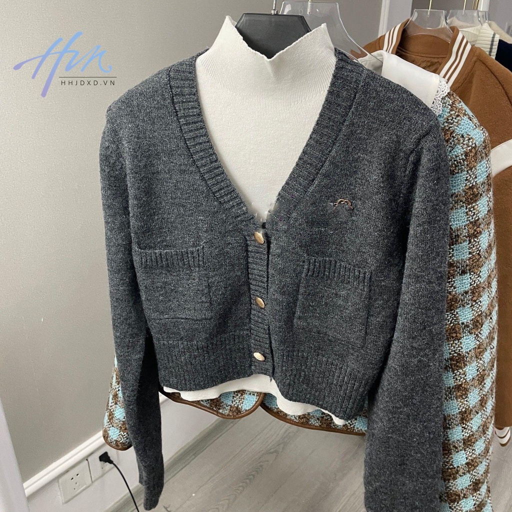 Hhjdxd Áo Khoác Cardigan Tay Dài Cổ Chữ V Dáng Ôm Màu Xám Dễ Phối Đồ Phong Cách Preppy