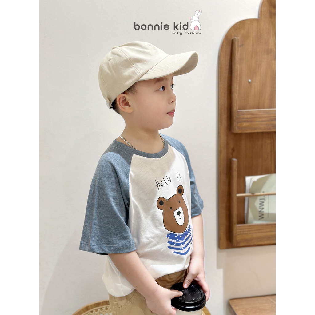 Áo phông bé trai tay phối hoạ tiết gấu, áo thun cotton cộc tay mềm mát cho bé