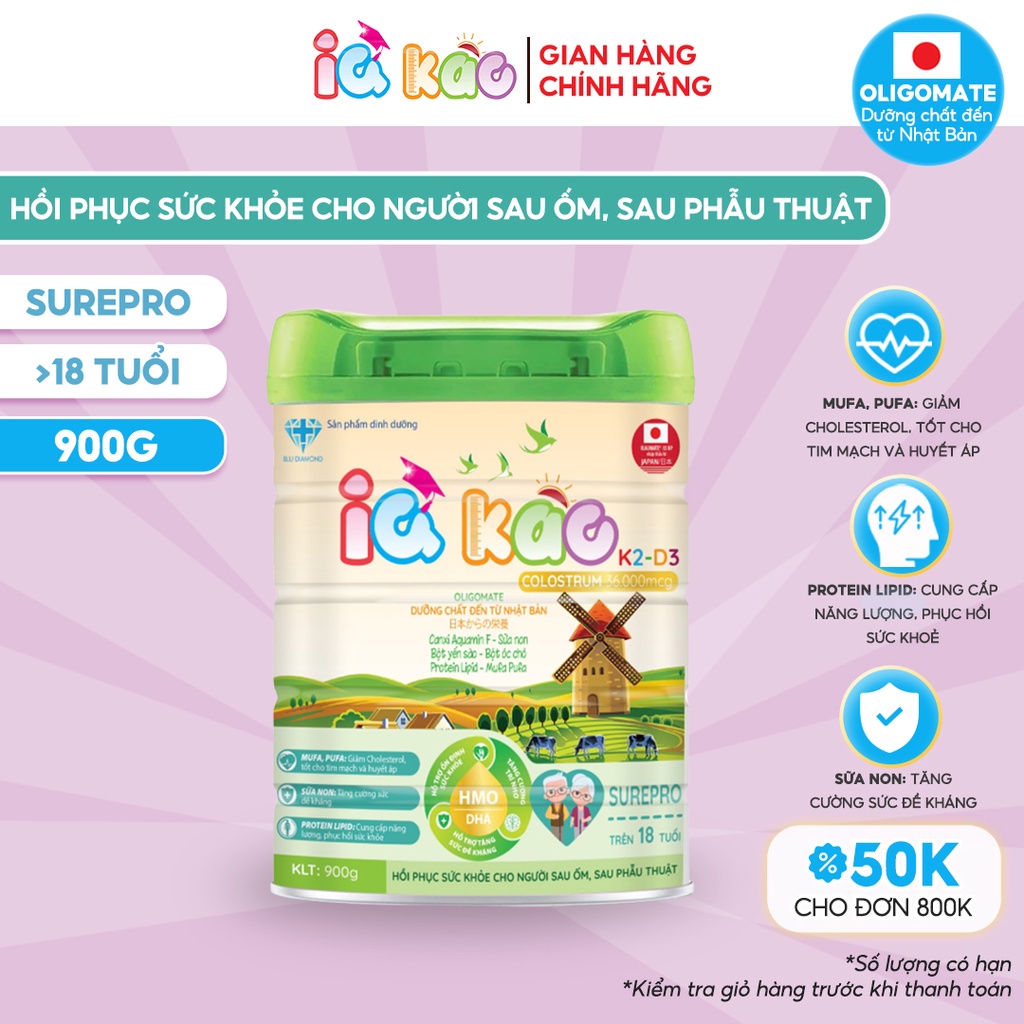 Sữa bột IQ KAO SURE PRO dành cho người mới ốm dậy, người cần phục hồi sức khỏe hộp 900g
