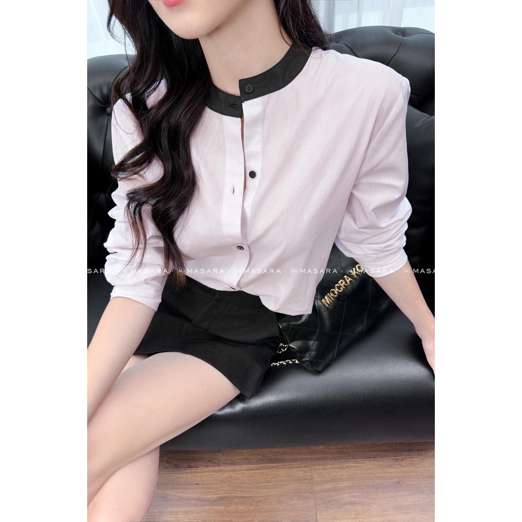 ÁO THÔ COTTON TRẮNG PHỐI CỔ TRÒN ĐEN MASARA.