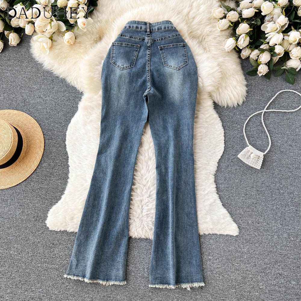 Ảnh DaDuHey New Korean Version of Ulzzang Strappy Jeans High Waist Slim-fit Trousers Raw Edge Slit Pants 2